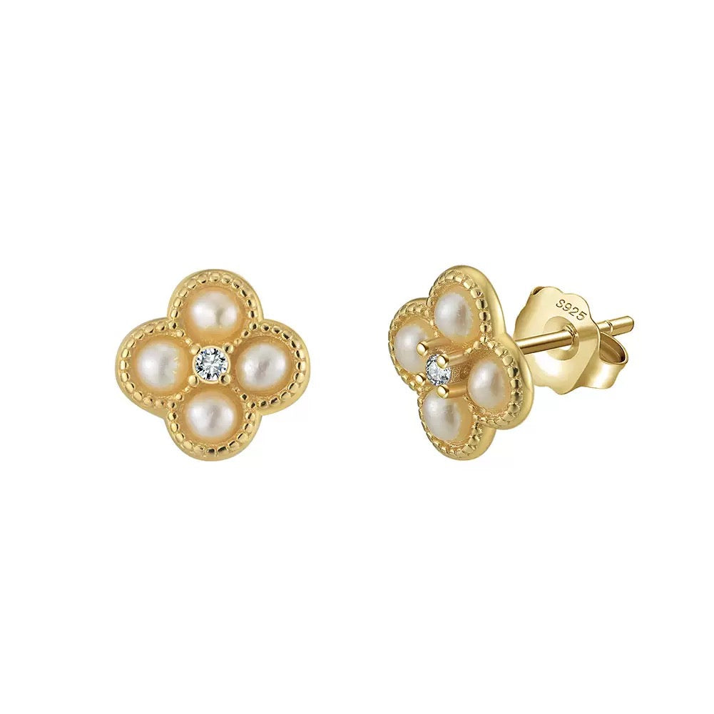 Lucky Bloom – Freshwater Pearl & CZ Vermeil Stud Earrings