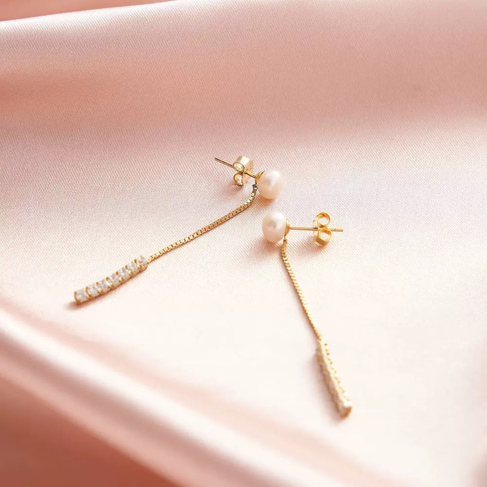 Lunar Line – Freshwater Pearl & CZ Vermeil Drop Earrings