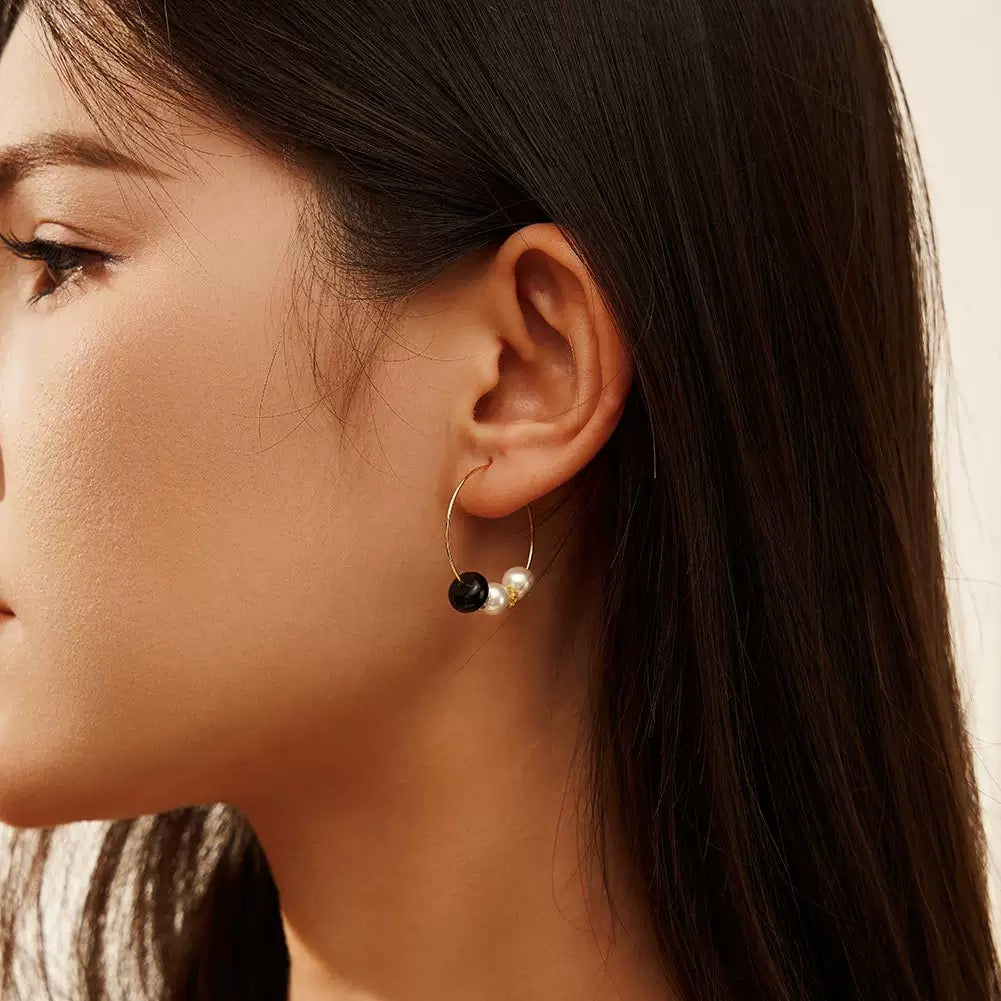 Balance Orbit – Black Onyx & Shell Pearl Vermeil Hoop Earrings | Energy Stone Series