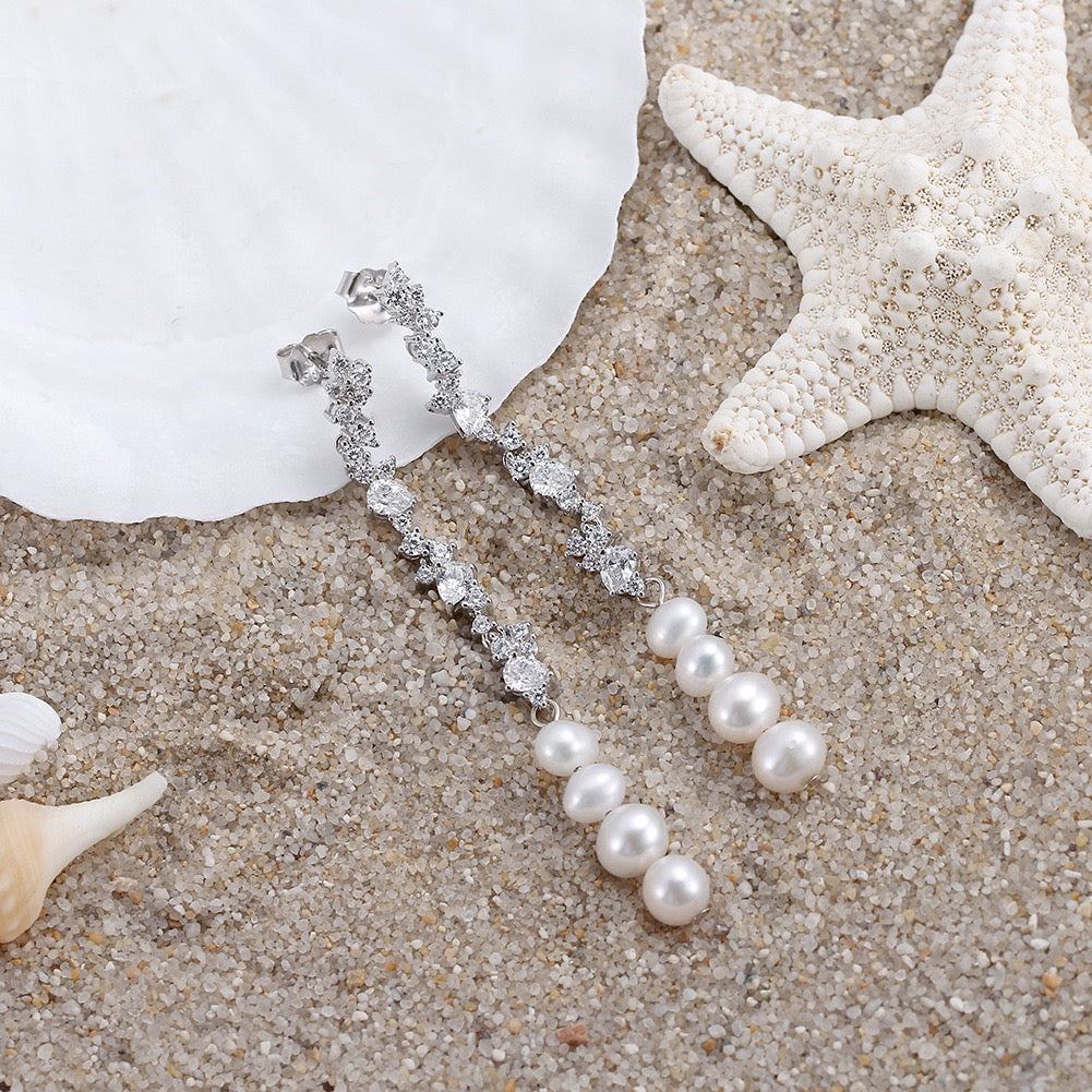 Starfall Trail – Freshwater Pearl & CZ Sterling Silver Earrings