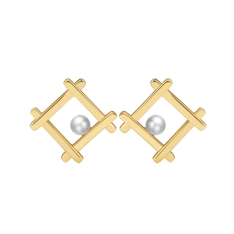 Geometric Grace – Freshwater Pearl & Vermeil Frame Stud Earrings