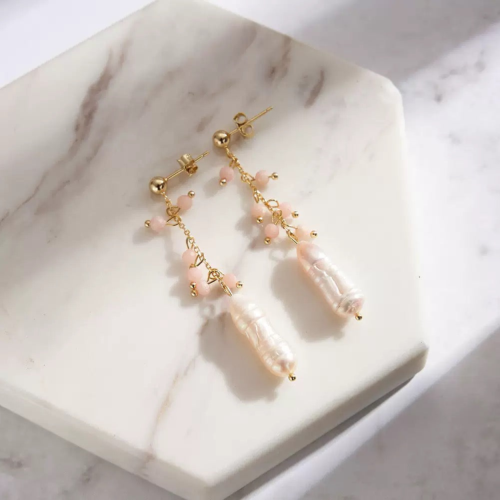 Blush Cascade – Pink Opal & Freshwater Pearl Vermeil Drop Earrings | Energy Stone Series