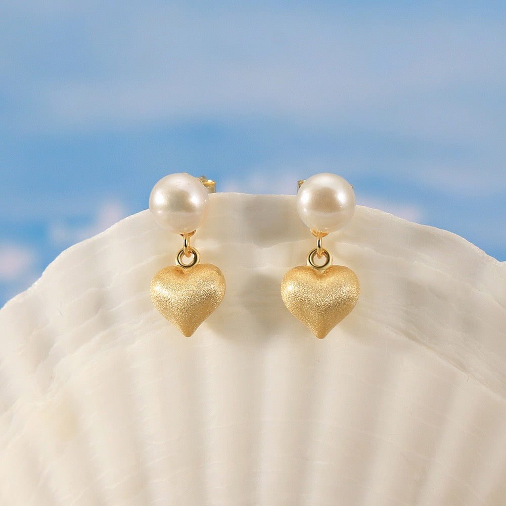 Golden Heart – Freshwater Pearl & Vermeil Charm Stud Earrings