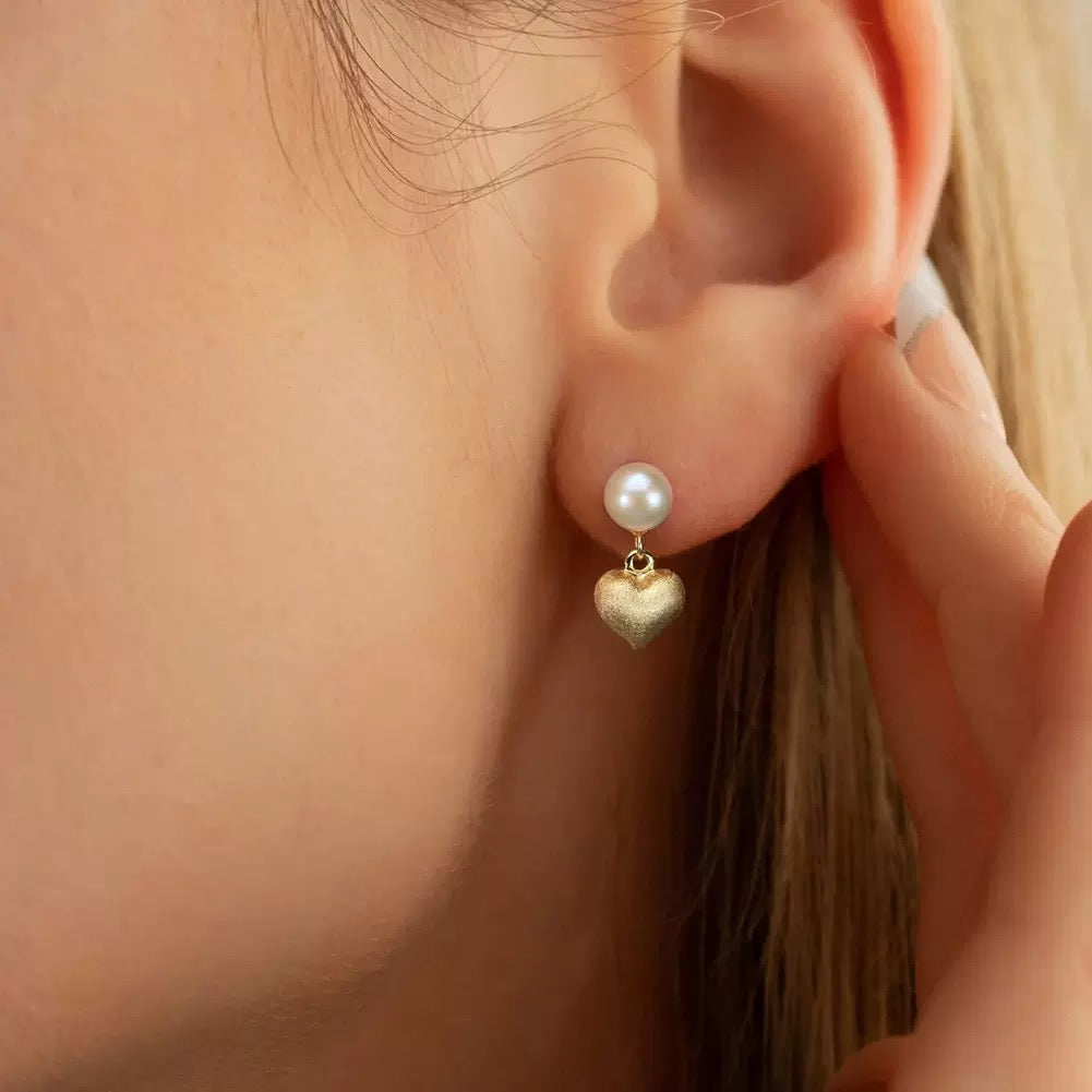 Golden Heart – Freshwater Pearl & Vermeil Charm Stud Earrings
