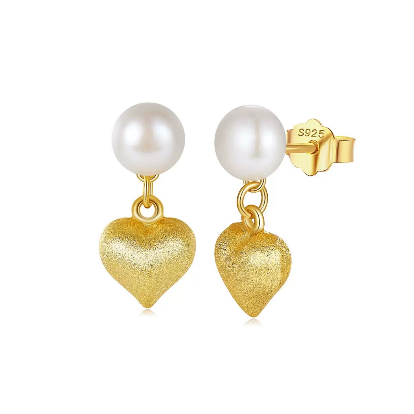 Golden Heart – Freshwater Pearl & Vermeil Charm Stud Earrings