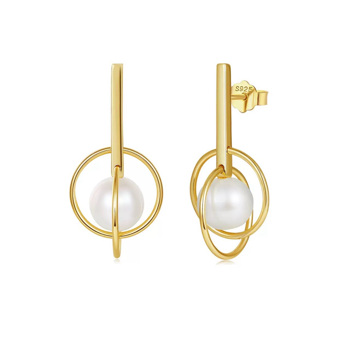 Orbital Balance – Freshwater Pearl & Vermeil Circle Drop Earrings