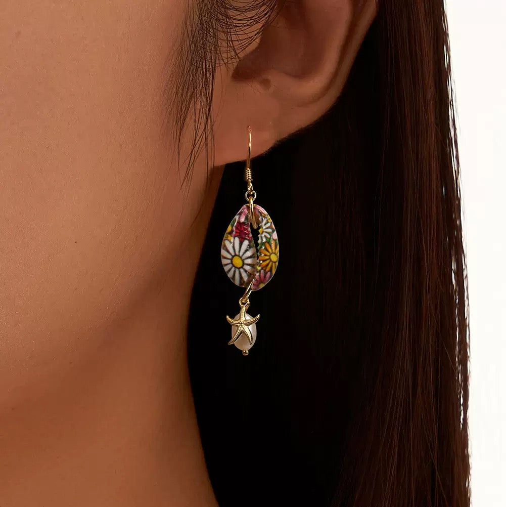 Bloom Tide – Floral Resin & Freshwater Pearl Dangle Earrings