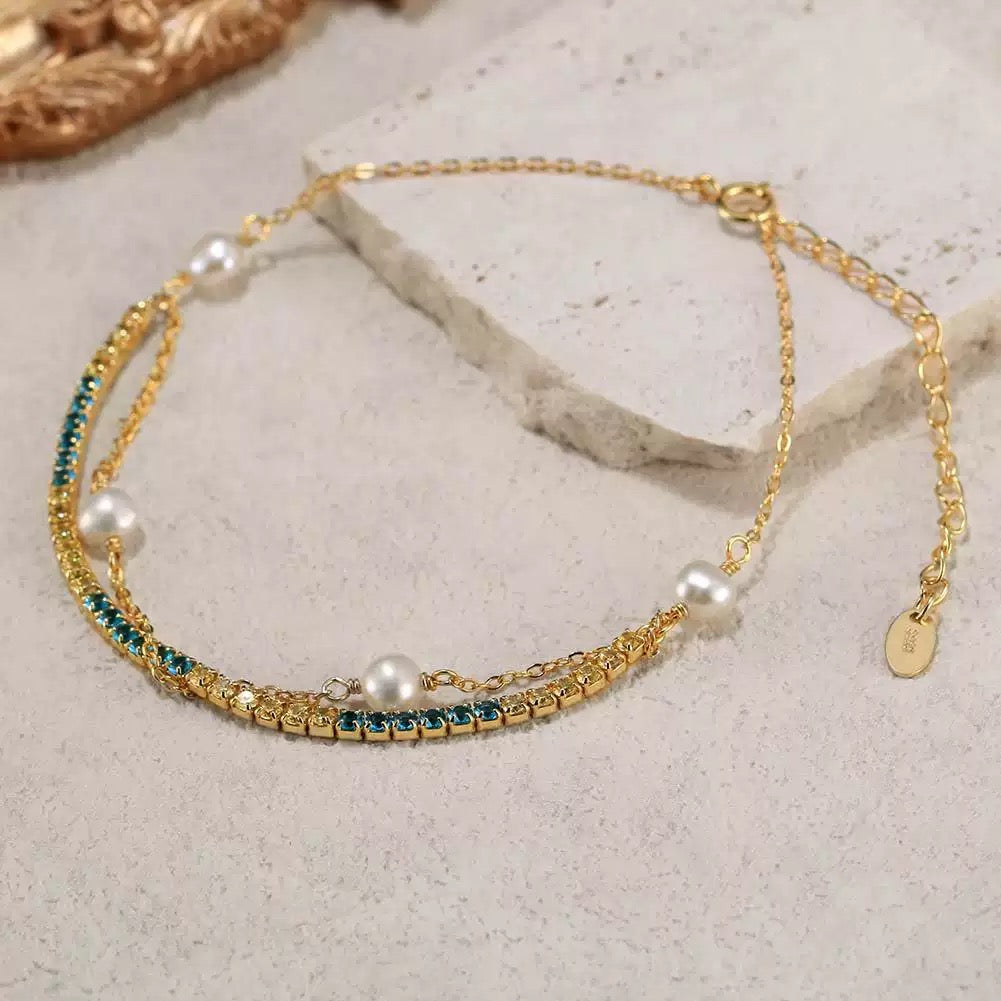 Blue Gleam – CZ & Freshwater Pearl Vermeil Bracelet