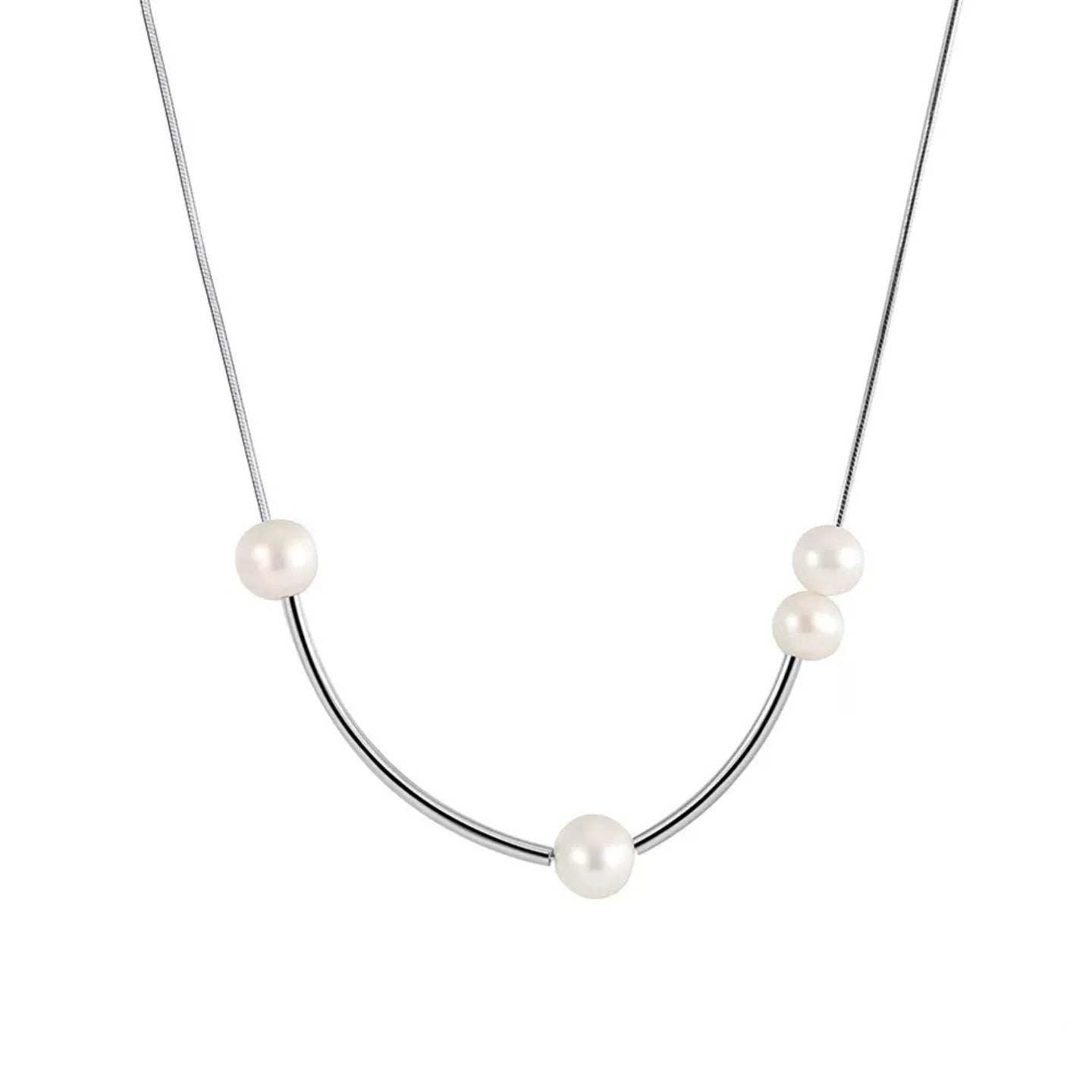 Silver Arc – Freshwater Pearl & Curved Bar Necklace