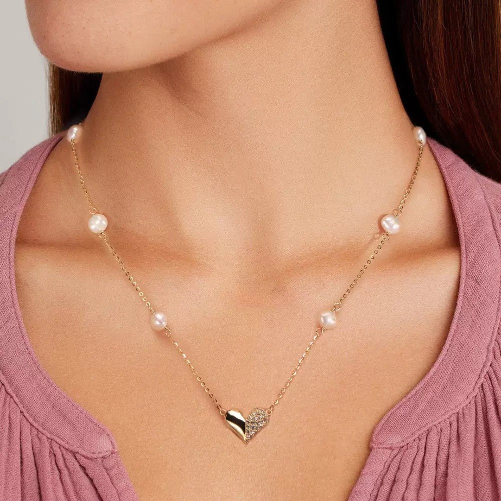 Sweet Radiance – Pearl & CZ Heart Pendant Necklace