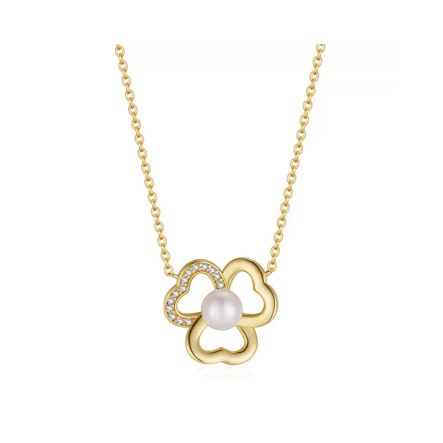 Lucky Bloom – Freshwater Pearl & CZ Four-Petal Necklace