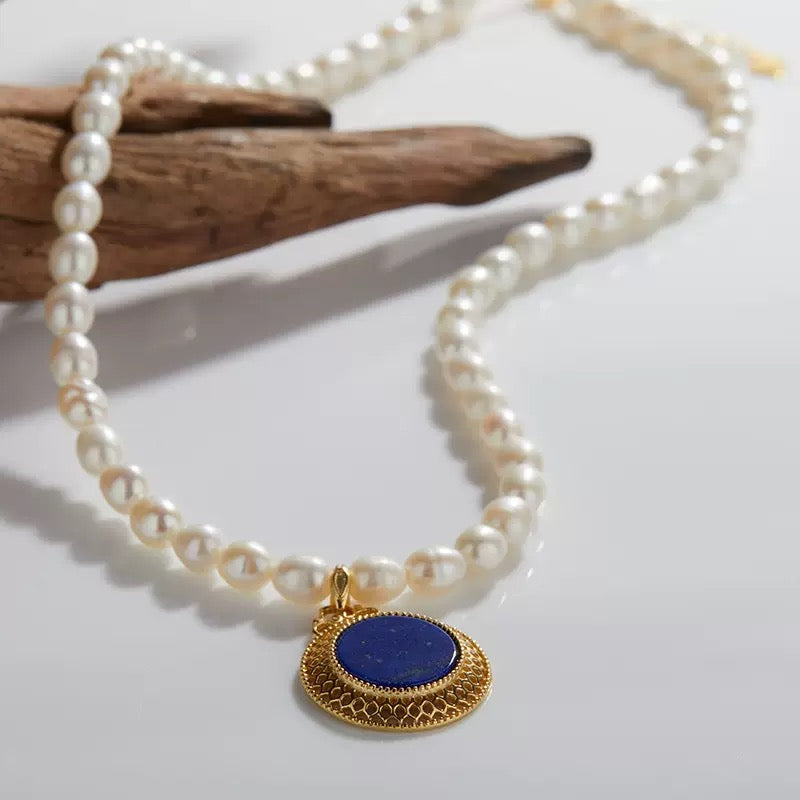 Celestial Grace – Freshwater Pearl & Lapis lazuli Necklace | Energy Stone Series
