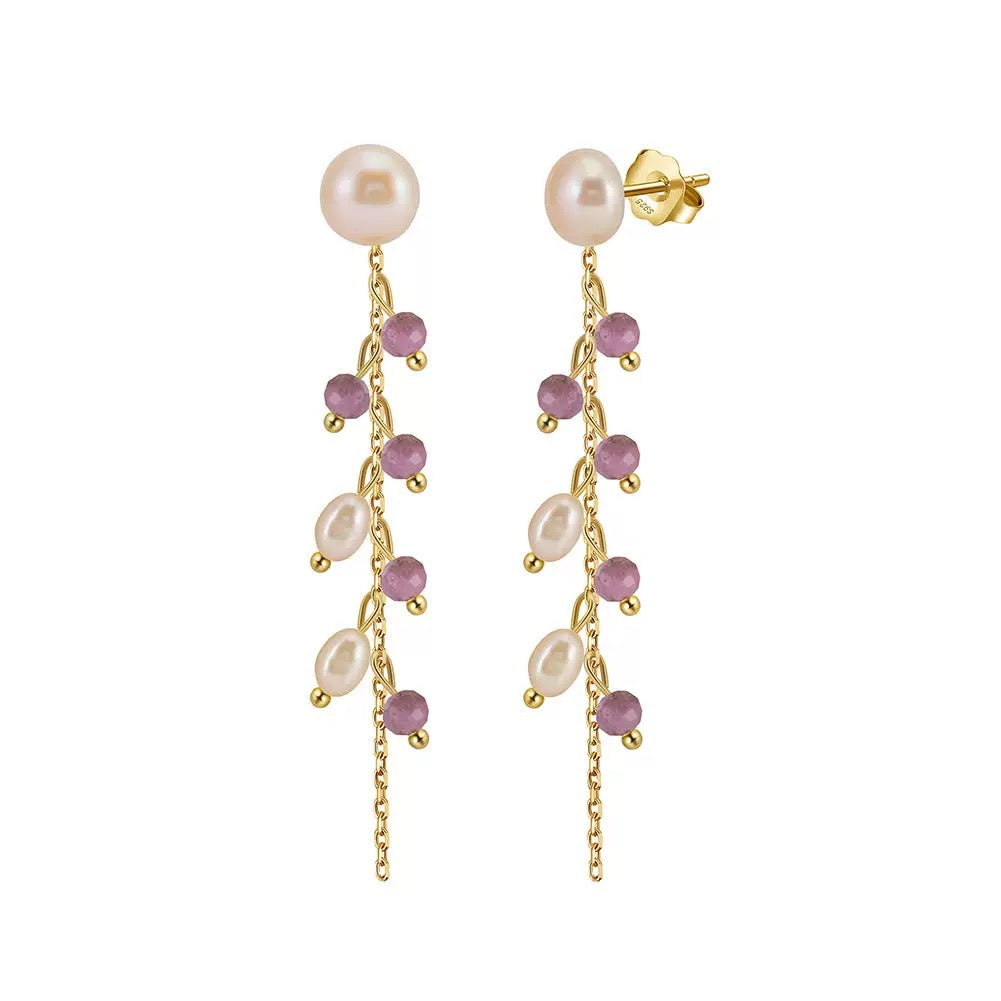 Amethyst Dew – Freshwater Pearl & Lepidolite Vermeil Earrings| Energy Stone Series
