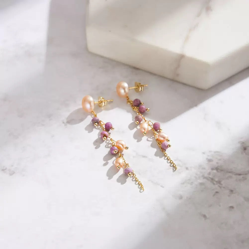 Amethyst Dew – Freshwater Pearl & Lepidolite Vermeil Earrings| Energy Stone Series