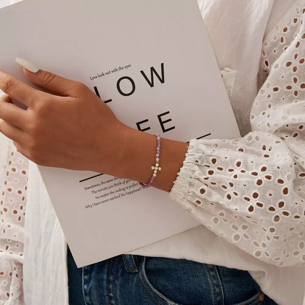 Celestial Cross – Freshwater Pearl & Lepidolite Vermeil Bracelet | Energy Stone Series