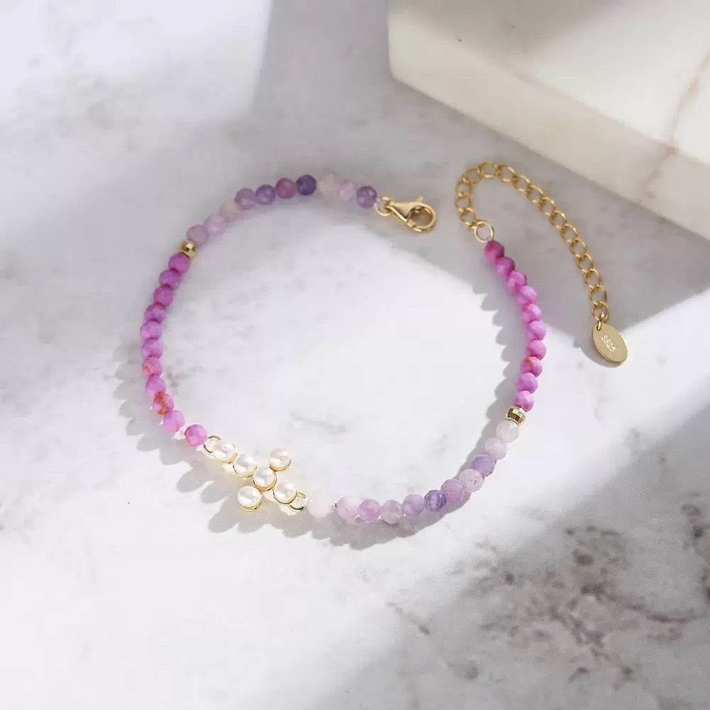 Celestial Cross – Freshwater Pearl & Lepidolite Vermeil Bracelet | Energy Stone Series