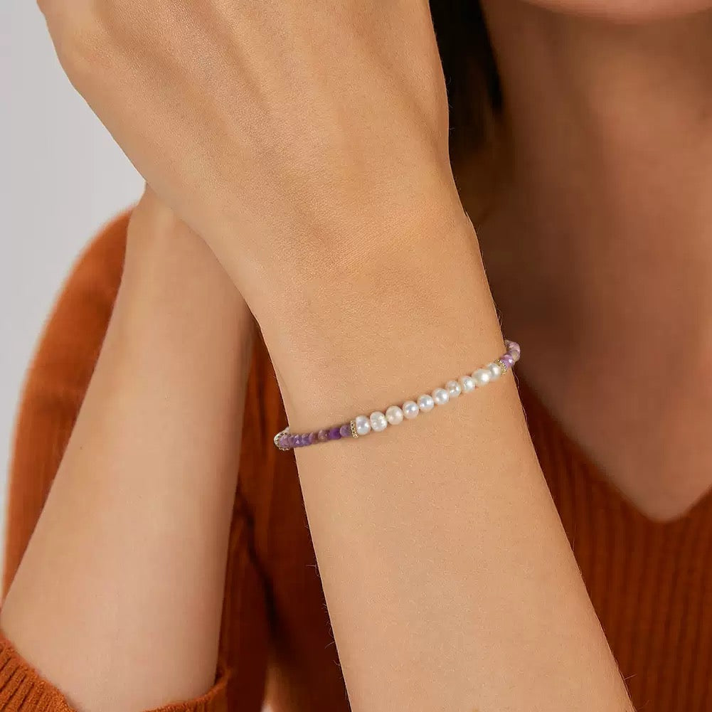 Celestial Grace – Freshwater Pearl & Lepidolite Vermeil Bracelet | Energy Stone Series