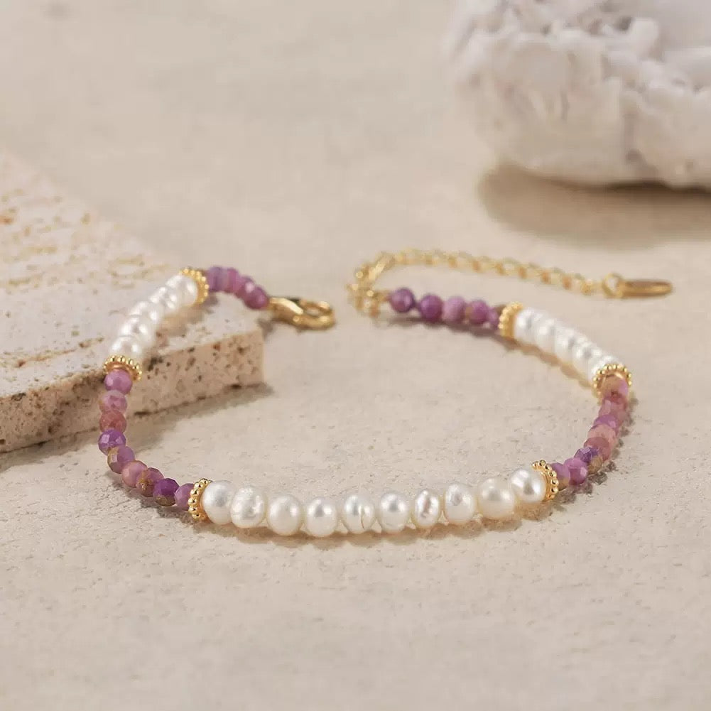 Celestial Grace – Freshwater Pearl & Lepidolite Vermeil Bracelet | Energy Stone Series