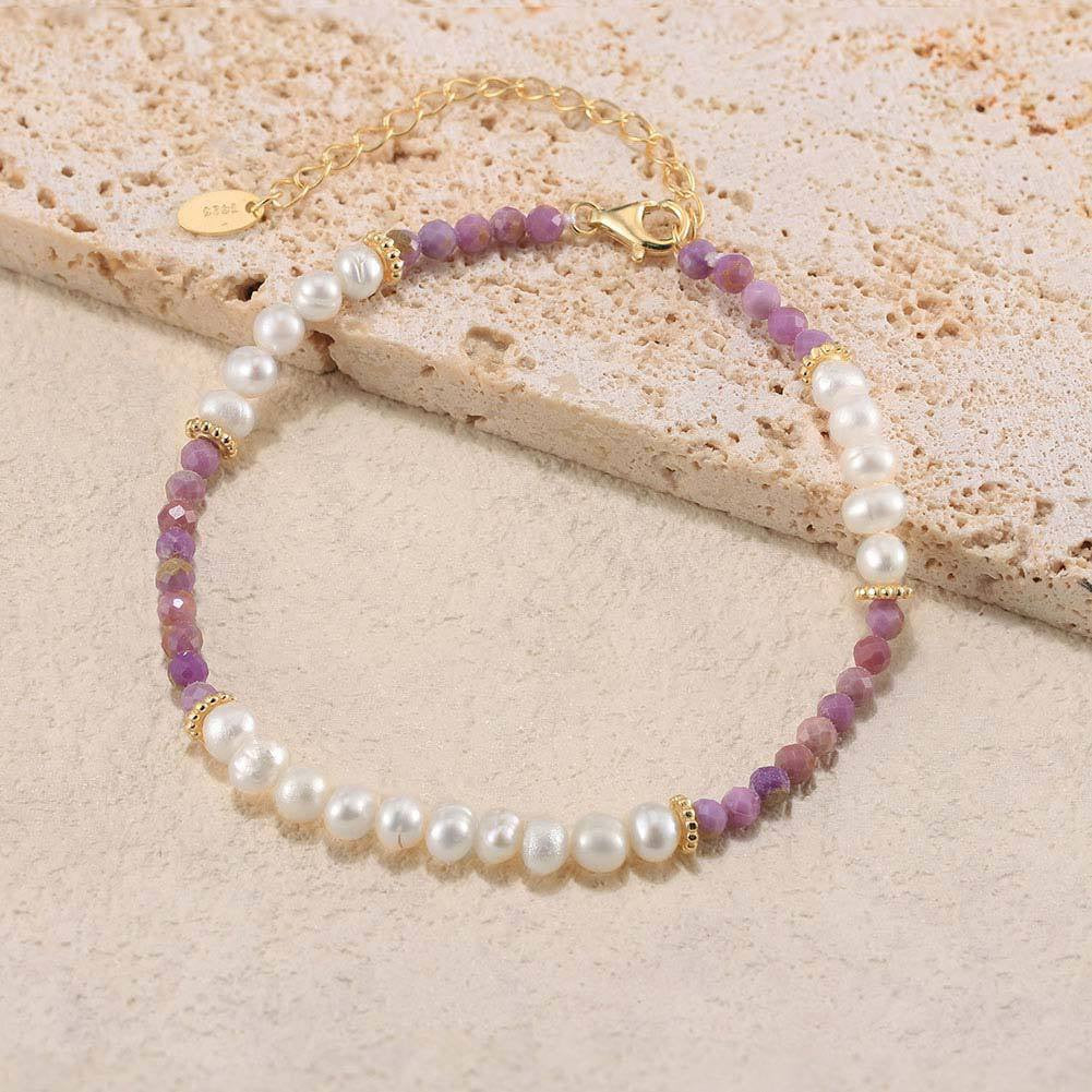 Celestial Grace – Freshwater Pearl & Lepidolite Vermeil Bracelet | Energy Stone Series