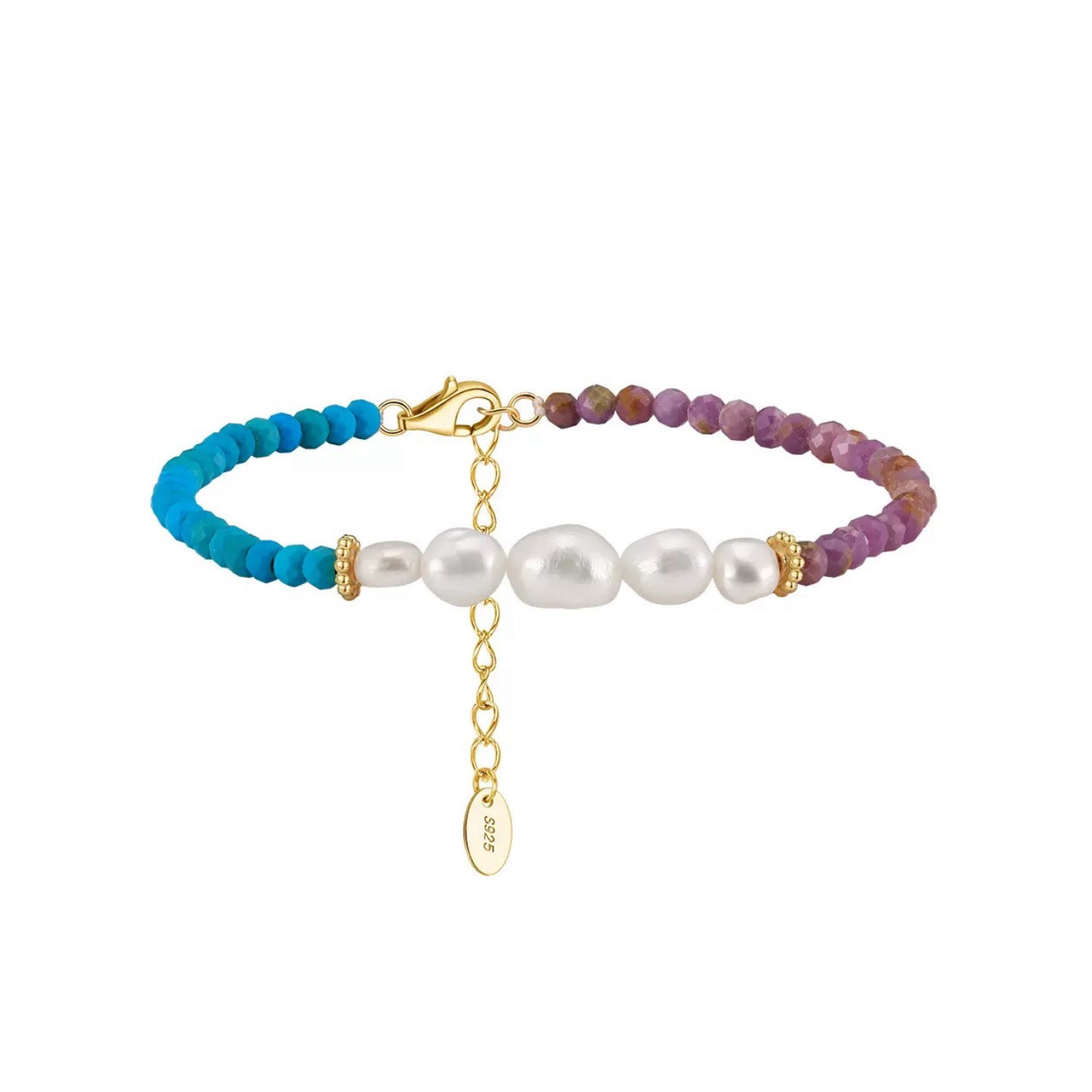 Celestial Harmony – Freshwater Pearl, Turquoise & Lepidolite Vermeil Bracelet | Energy Stone Series