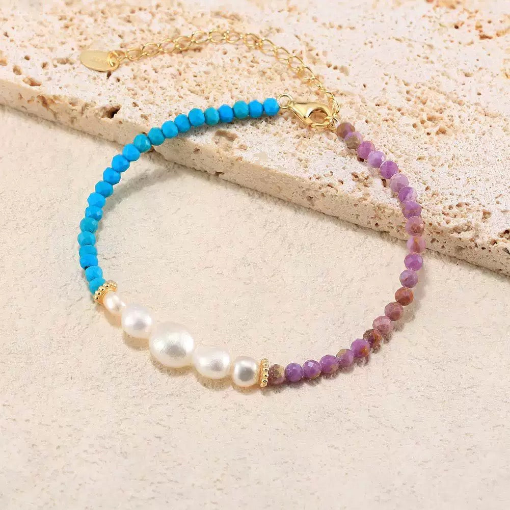 Celestial Harmony – Freshwater Pearl, Turquoise & Lepidolite Vermeil Bracelet | Energy Stone Series
