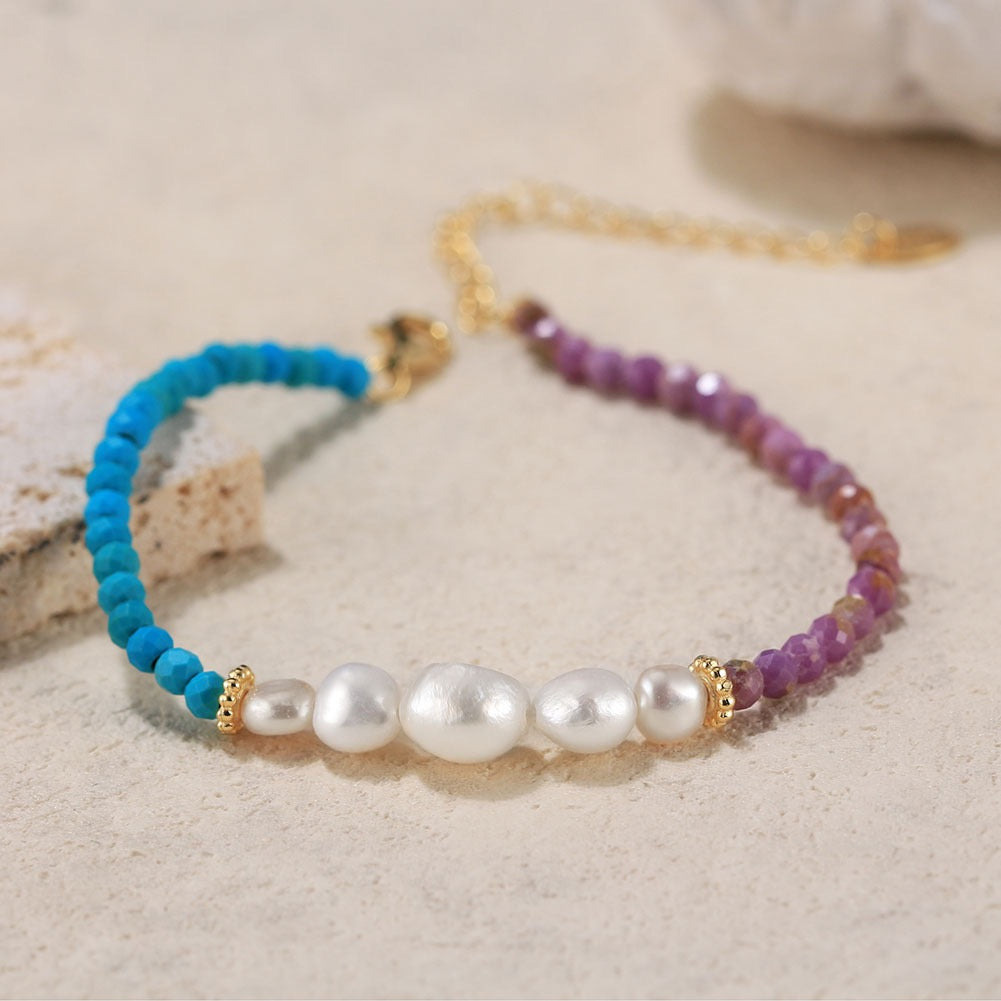 Celestial Harmony – Freshwater Pearl, Turquoise & Lepidolite Vermeil Bracelet | Energy Stone Series