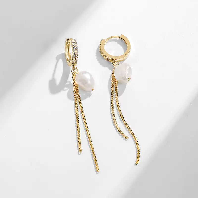 Golden Cascade – Freshwater Pearl & CZ Chain Earrings