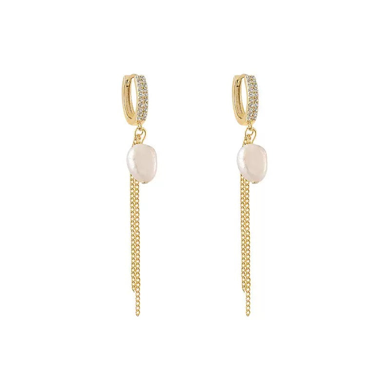 Golden Cascade – Freshwater Pearl & CZ Chain Earrings