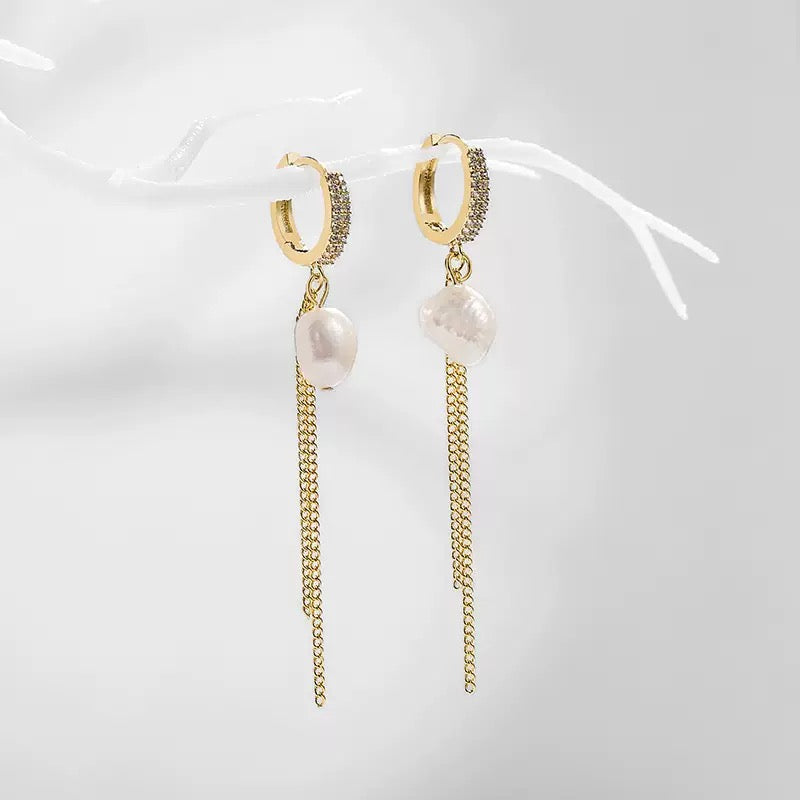 Golden Cascade – Freshwater Pearl & CZ Chain Earrings