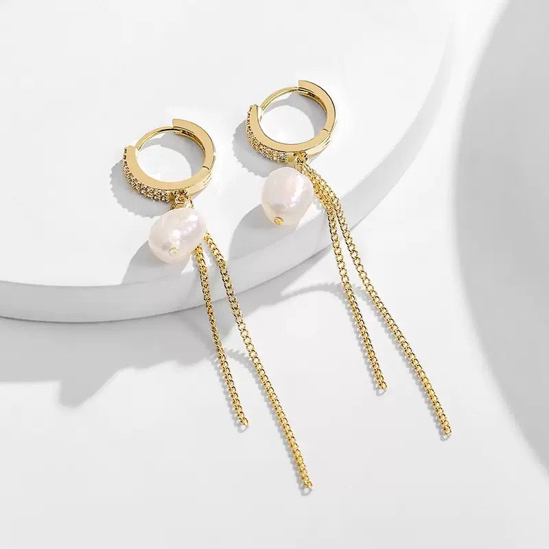 Golden Cascade – Freshwater Pearl & CZ Chain Earrings