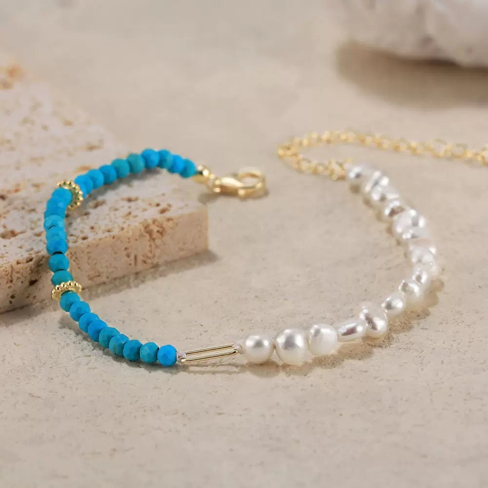 Celestial Balance – Freshwater Pearl & Turquoise Vermeil Bracelet | Energy Stone Series