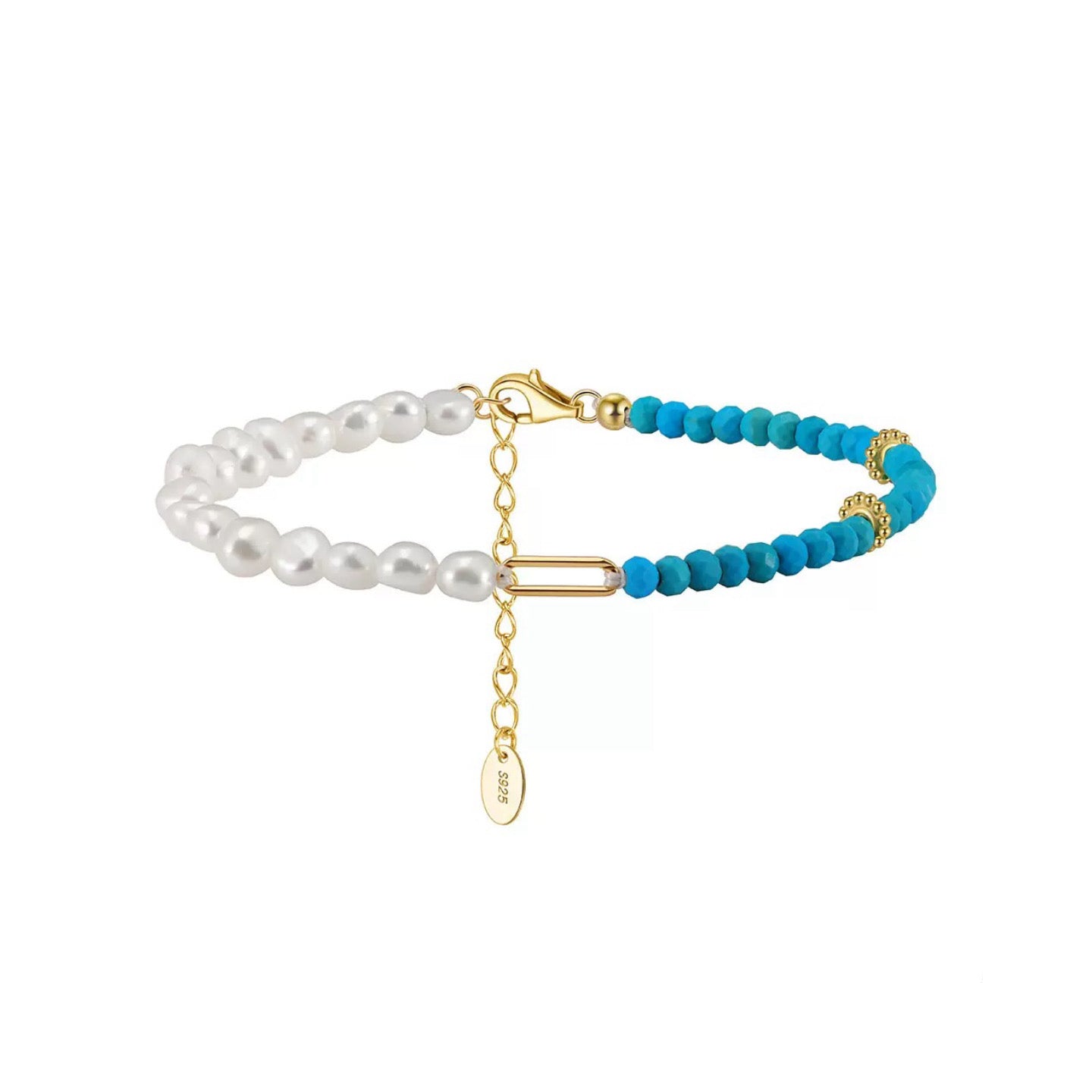 Celestial Balance – Freshwater Pearl & Turquoise Vermeil Bracelet | Energy Stone Series