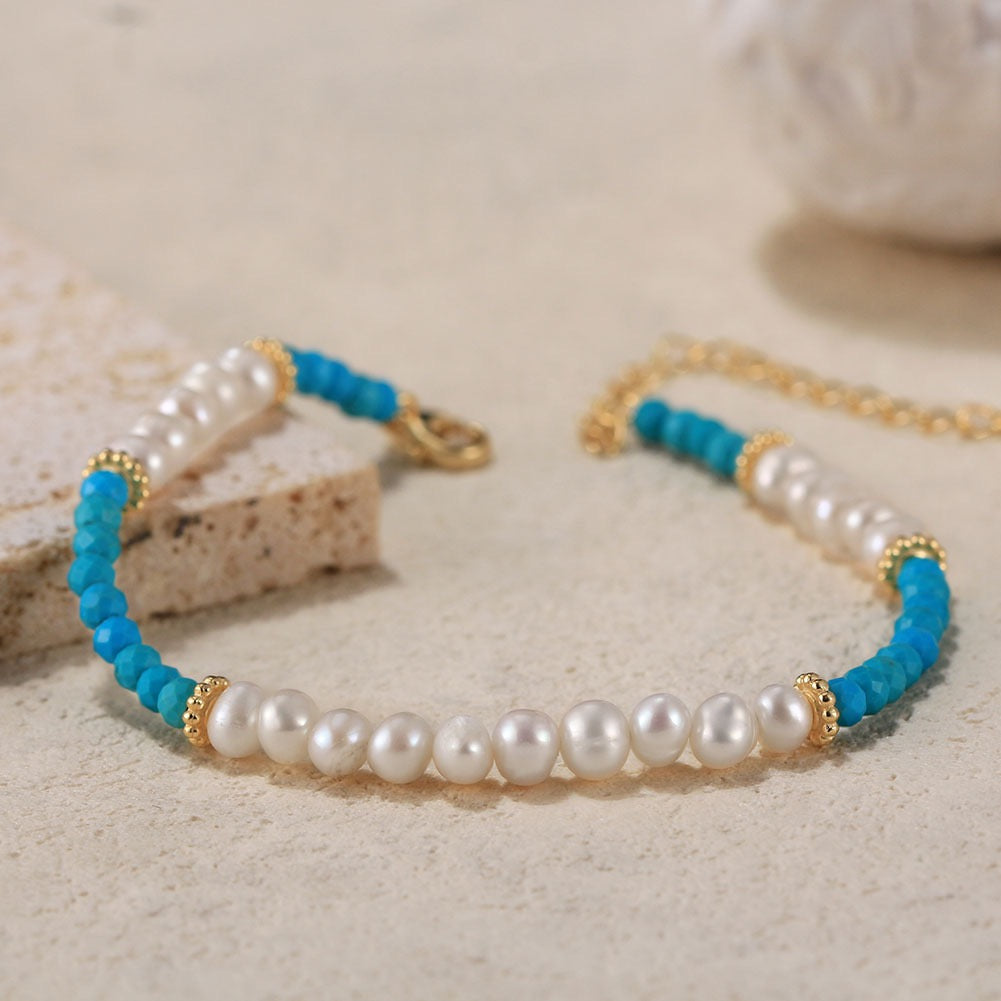 Celestial Glow – Freshwater Pearl & Turquoise Vermeil Bracelet | Energy Stone Series
