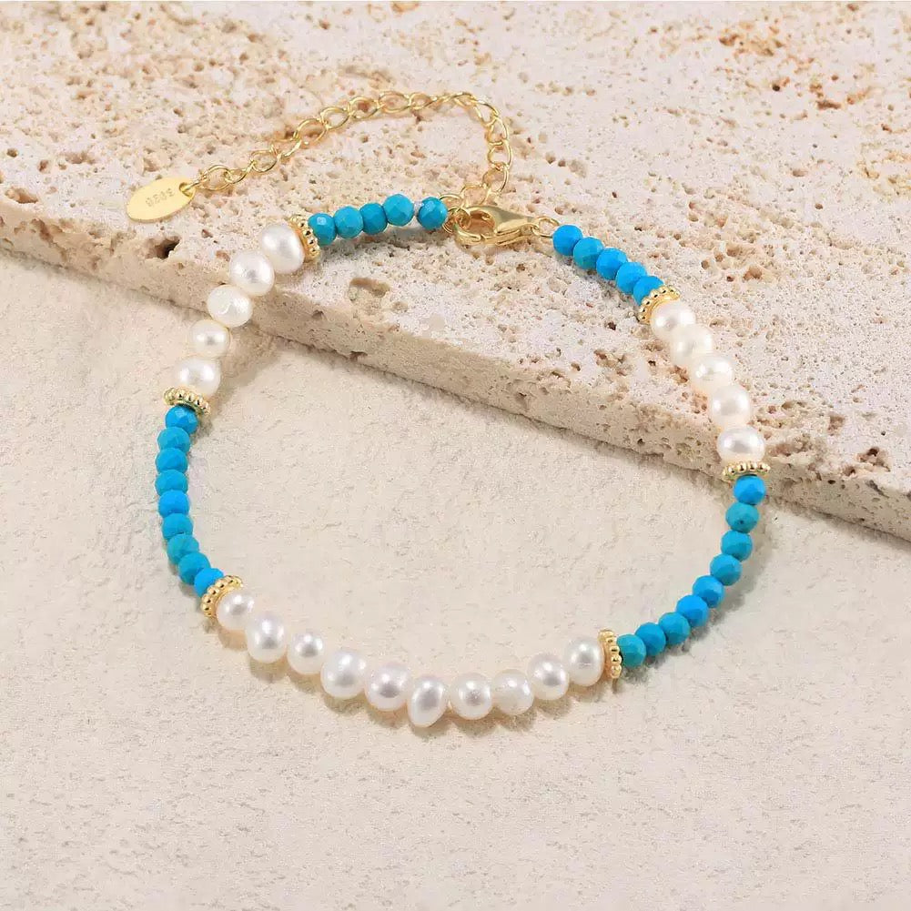 Celestial Glow – Freshwater Pearl & Turquoise Vermeil Bracelet | Energy Stone Series