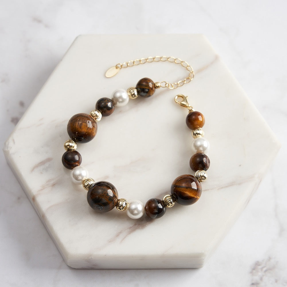 Trinity Shield – Tiger Eye, Obsidian & Shell Pearl Vermeil Bracelet | Energy Stone Series