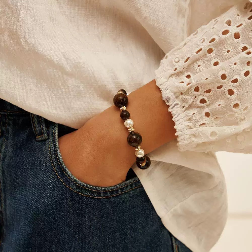 Trinity Shield – Tiger Eye, Obsidian & Shell Pearl Vermeil Bracelet | Energy Stone Series