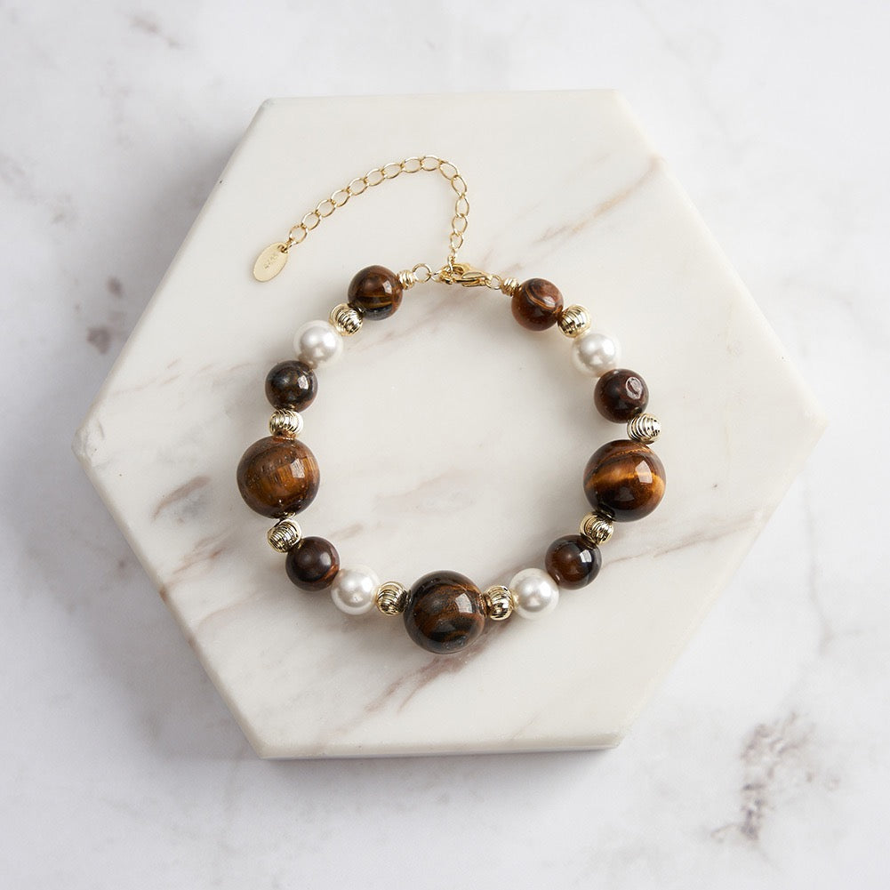 Trinity Shield – Tiger Eye, Obsidian & Shell Pearl Vermeil Bracelet | Energy Stone Series