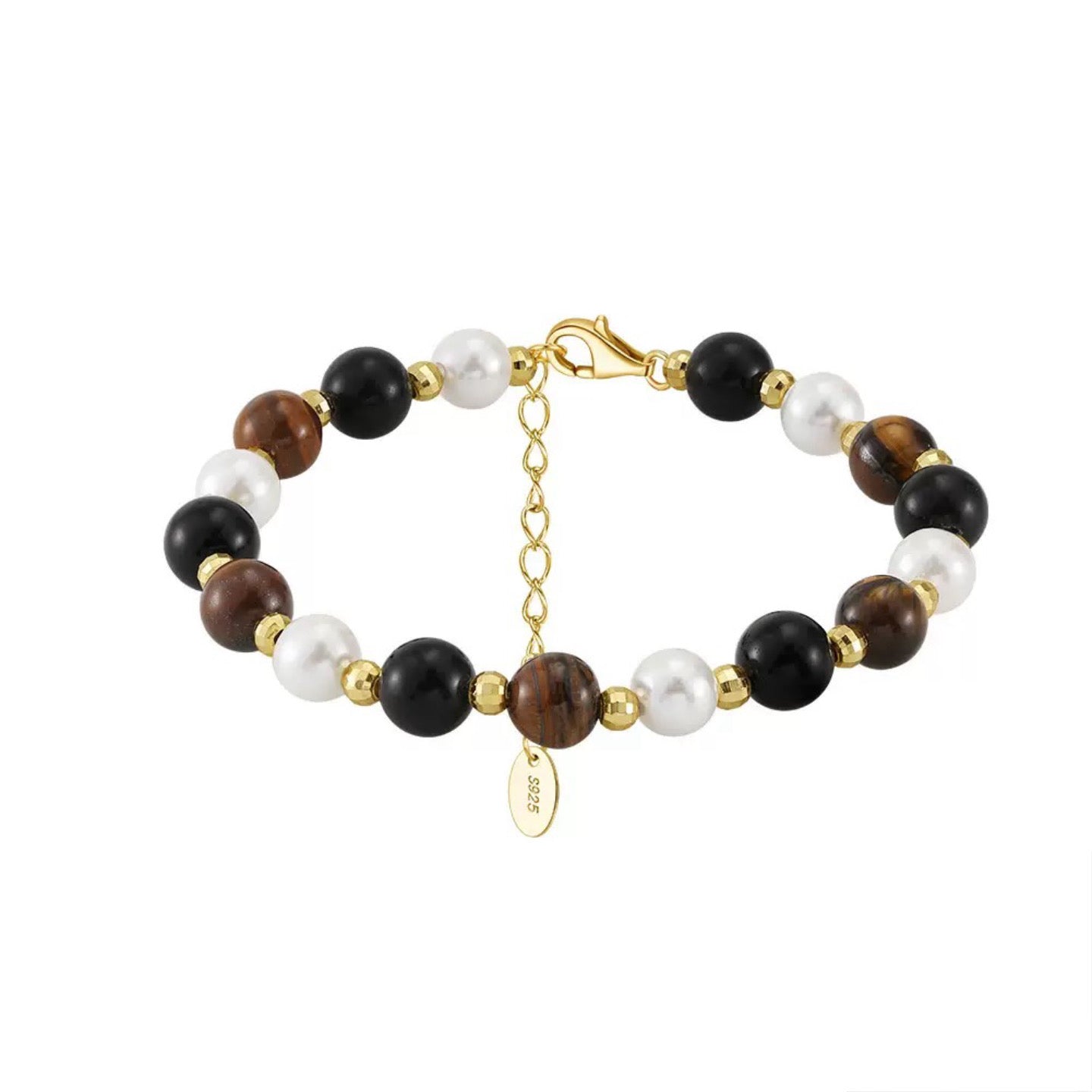 Guardian Core – Tiger Eye, Obsidian & Shell Pearl Vermeil Bracelet | Energy Stone Series