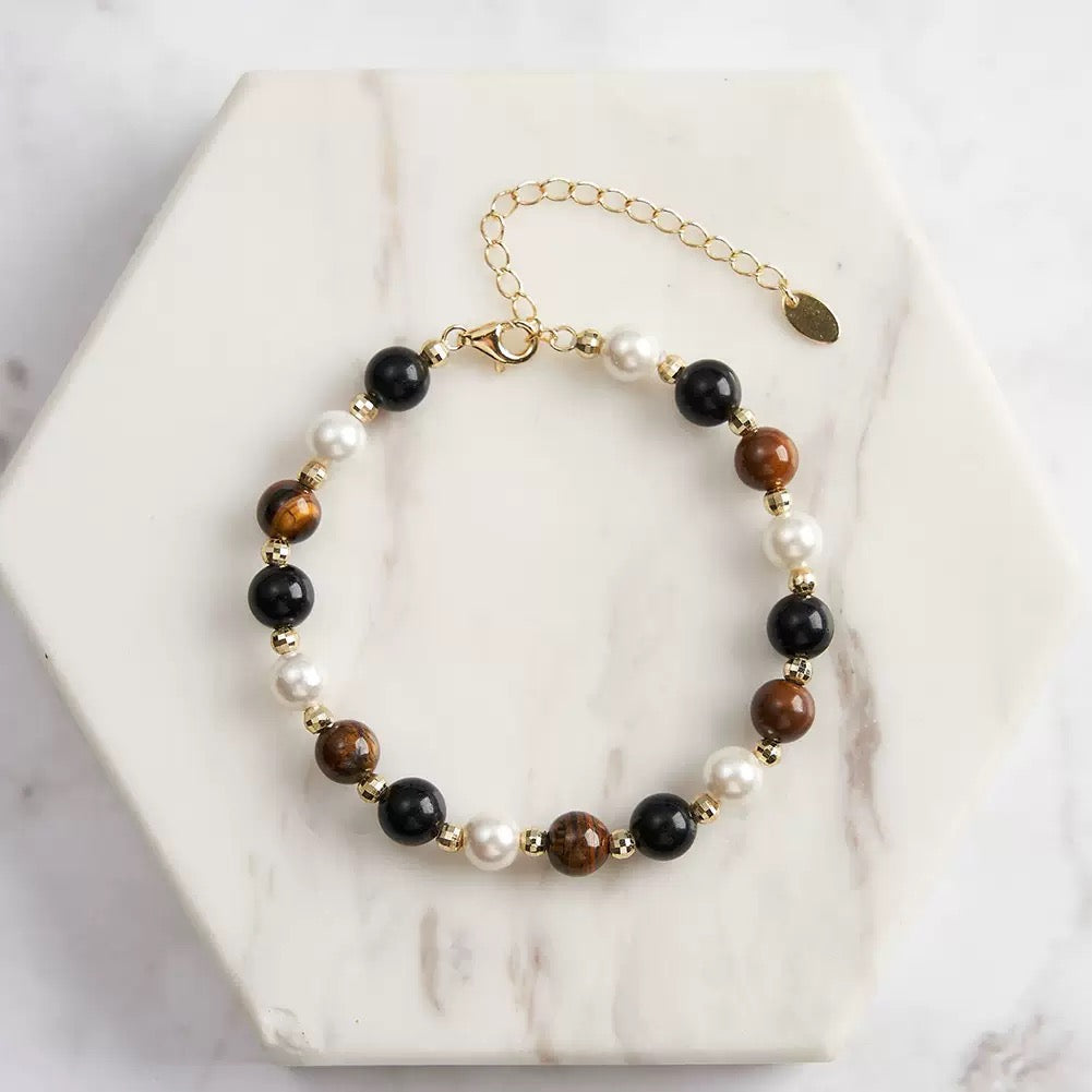 Guardian Core – Tiger Eye, Obsidian & Shell Pearl Vermeil Bracelet | Energy Stone Series