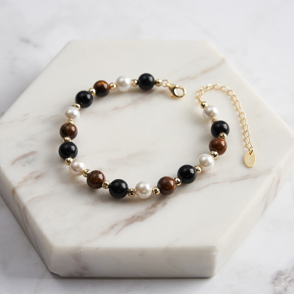 Guardian Core – Tiger Eye, Obsidian & Shell Pearl Vermeil Bracelet | Energy Stone Series