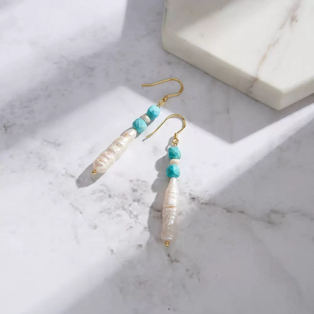 Mystic Drop – Freshwater Pearl & Turquoise Energy Stone Earrings| Energy Stone Series