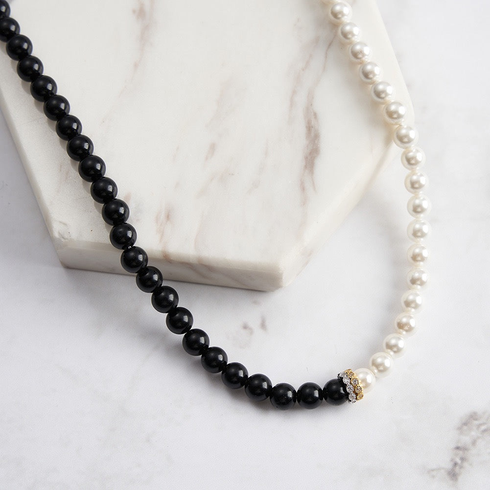 Shadow & Light – Obsidian & White Shell Bead Necklace| Energy Stone Series
