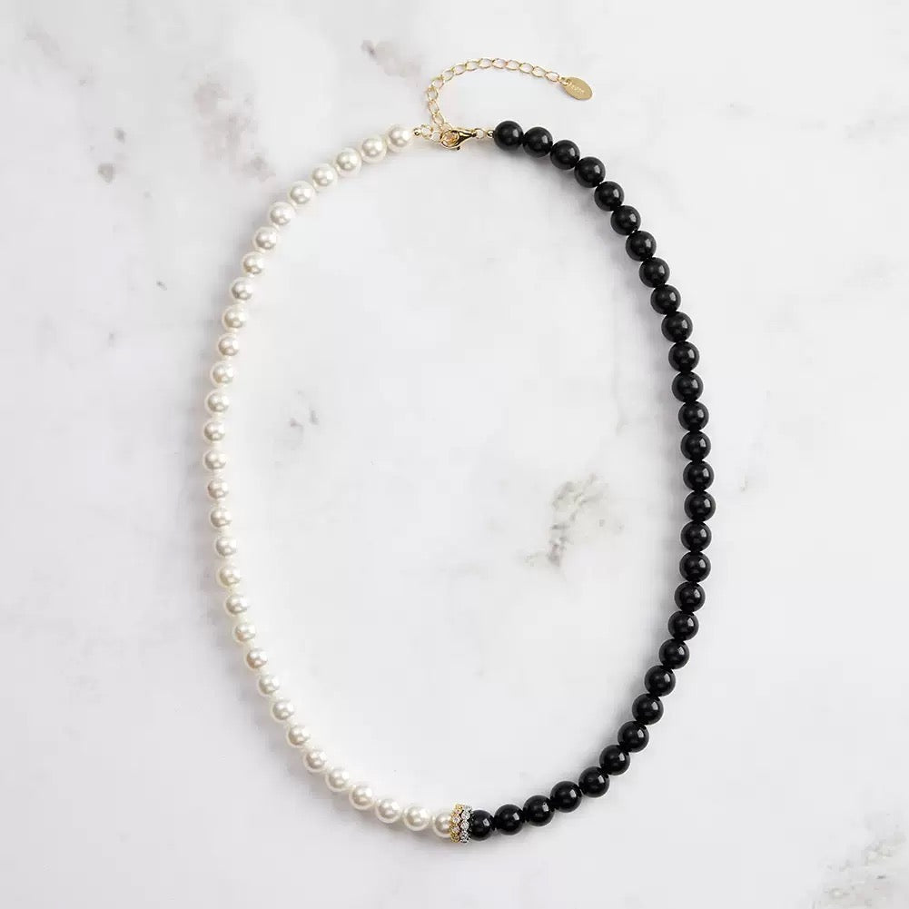 Shadow & Light – Obsidian & White Shell Bead Necklace| Energy Stone Series