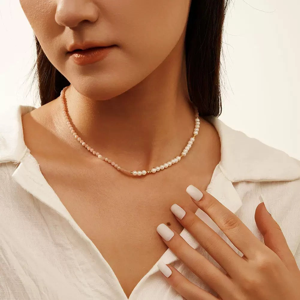 Rose Clarity – Pink Aventurine & White Shell Bead Necklace | Energy Stone Series