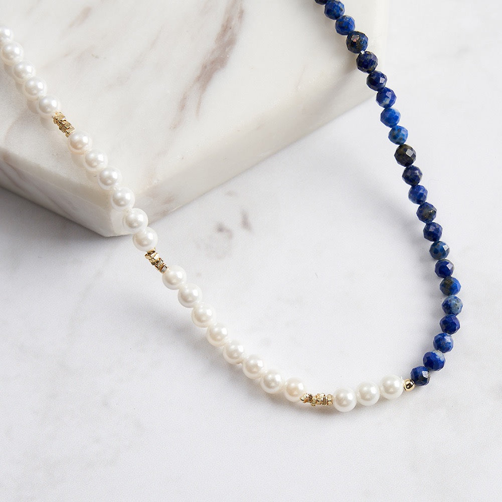 Night Whisper – Lapis Lazuli & White Shell Bead Necklace | Energy Stone Series