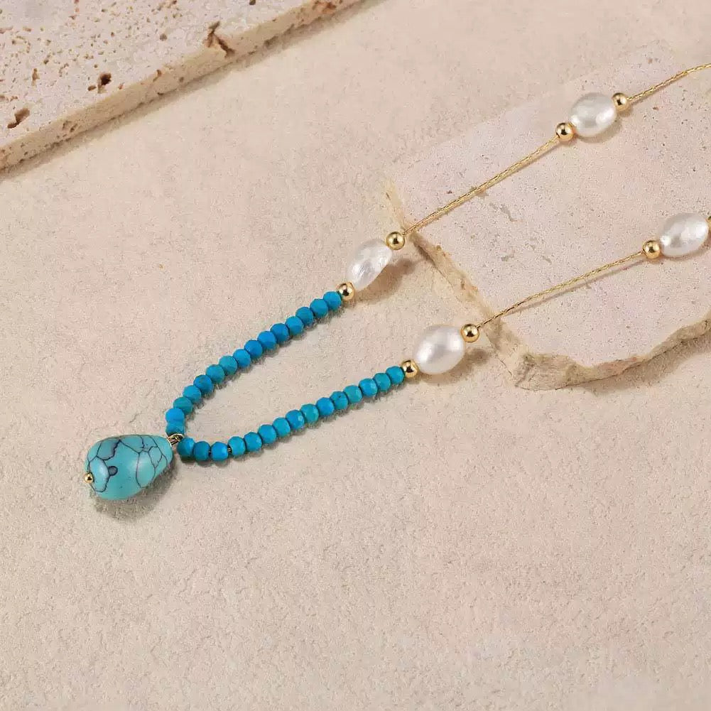 Tranquil Drop – Freshwater Pearl & Turquoise Pendant Necklace | Energy Stone Series
