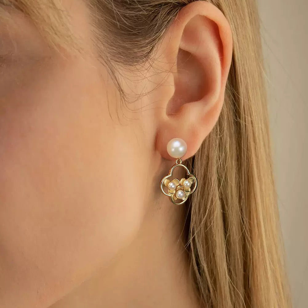 Petal Charm – Freshwater Pearl & Vermeil Clover Drop Earrings