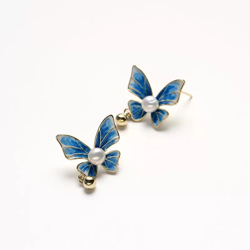 Azure Flutter – Enamel Butterfly & Pearl Stud Earrings