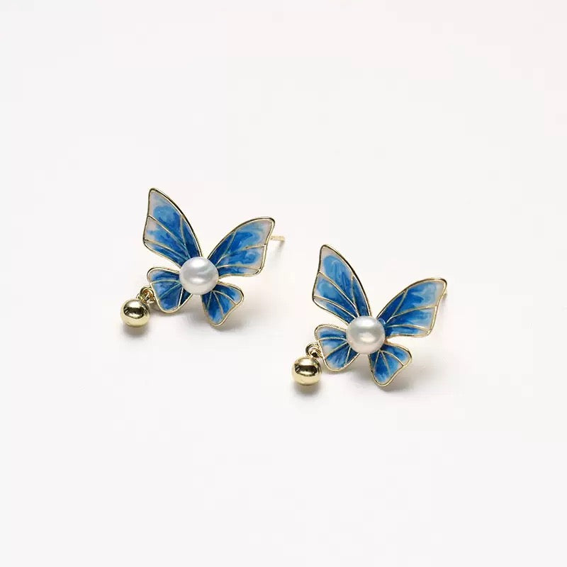 Azure Flutter – Enamel Butterfly & Pearl Stud Earrings
