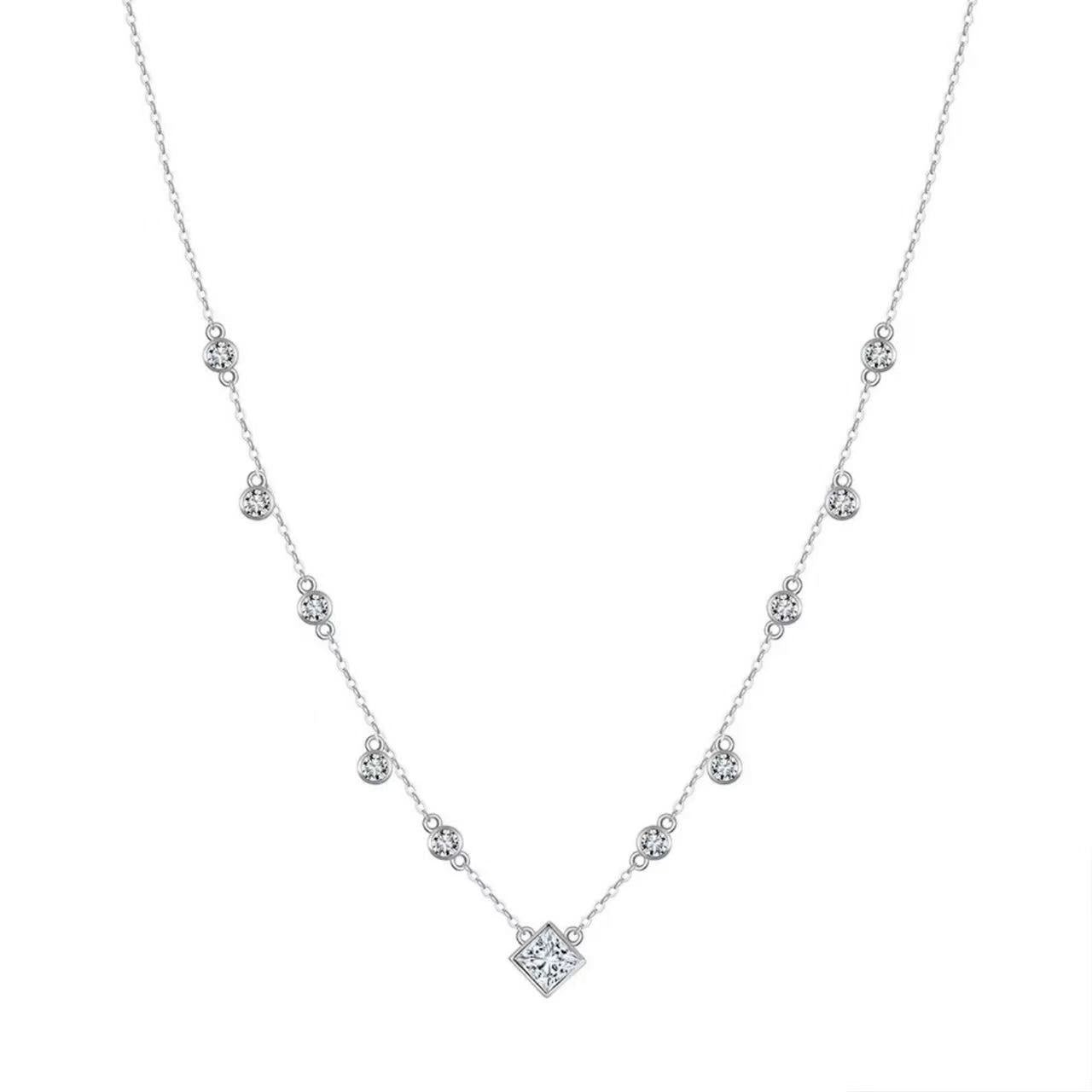 Princess Cut & Round Zircon Station Necklace – Sterling Silver or Gold Vermeil